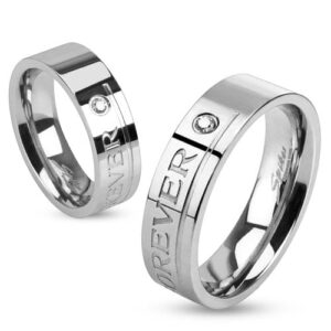 "Love You Forever" Engraved Stainless Steel Band Ring with Single CZ