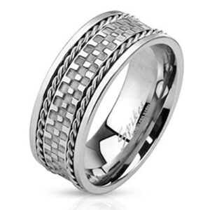 Checkered Center Stainless Steel Ring with Double Braided Lines