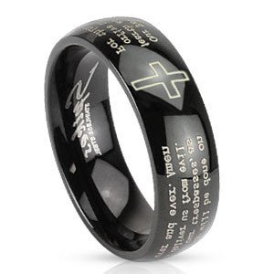 Cross and Lords Prayer Black Stainless Steel Dome Band Ring