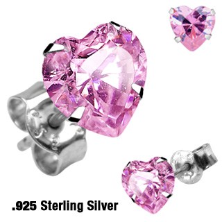 Pair of .925 Sterling Silver Stud Earring w/Pink Heart Shaped CZ