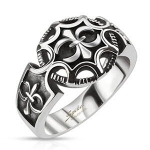 Stainless Steel Ring with Fleur De Lis Round Shield