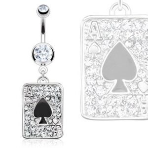 Surgical Steel Multi Paved Gem Black Spade Ace Poker Card Navel Ring