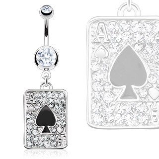 Surgical Steel Multi Paved Gem Black Spade Ace Poker Card Navel Ring