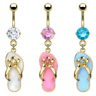 14k Gold Plated Jandel with Gems Dangle Navel Belly Ring Bar