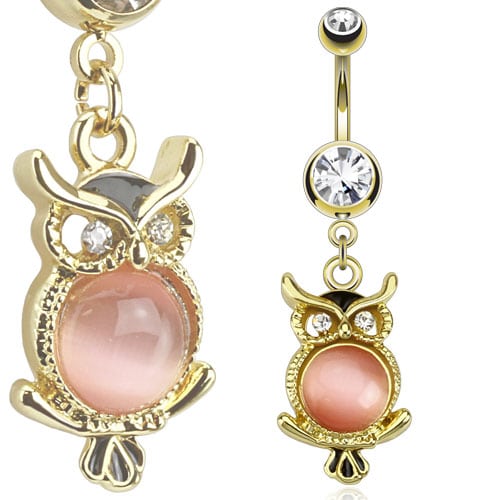 Cat's Eye Gemmed Owl Dangle 14kt Gold Plated Navel Ring