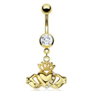 Multi CZ Claddagh Dangle 14kt Gold Plated Navel Ring