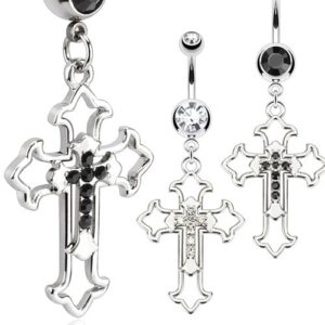 Surgical Steel Multi Gemmed Dangle Hollow Cross Belly Bar / Navel Ring