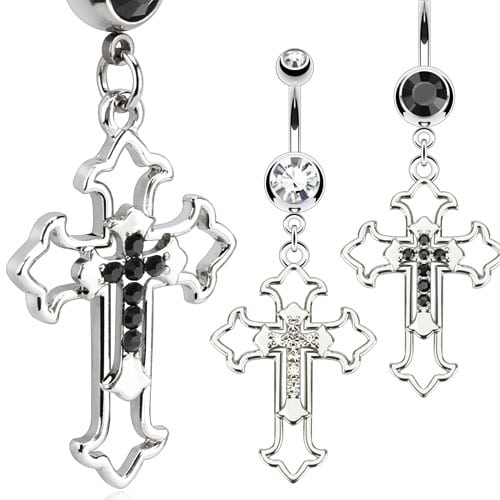 Surgical Steel Multi Gemmed Dangle Hollow Cross Belly Bar / Navel Ring