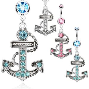 Paved Gems Anchor Dangle 316L Surgical Steel Navel Ring