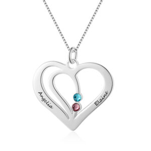 Engraved Couples Birthstone Necklace in Silver