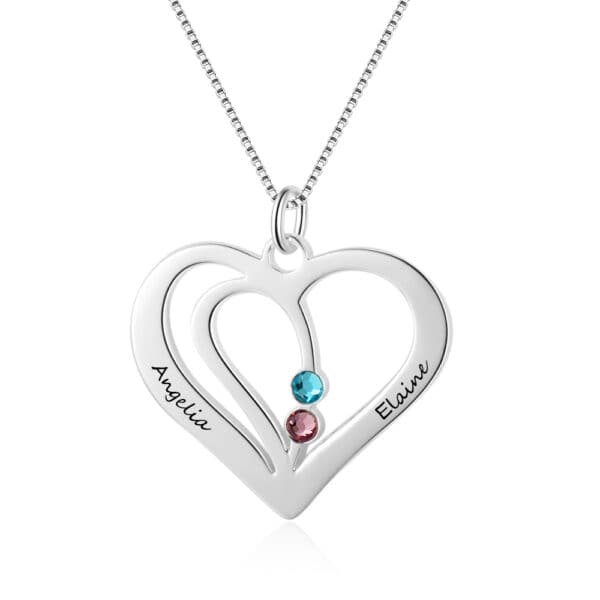 Engraved Couples Birthstone Necklace in Silver