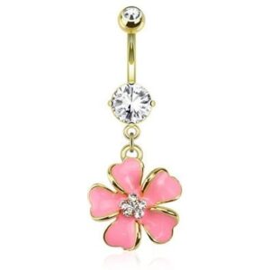 Pink Epoxy Flower and CZ Centre Dangle 14kt Gold Plated Navel Ring