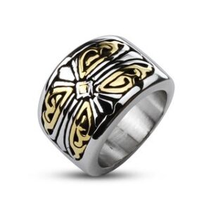 Gold IP Duo-Tone Accented Royal Cross Band Ring
