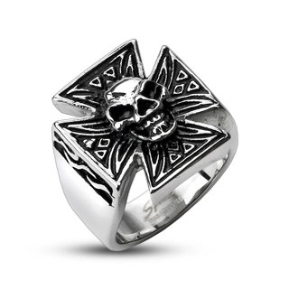 Skull on Tribal Patterned Iron Cross 316L Stainless Steel Ring