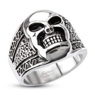 TRIBAL DECORATED SKULL WIDE BAND RING