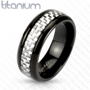 White Silver Carbon Fiber Inlay Center Band Ring Black IP Titanium