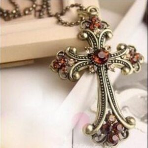 Retro Elegant Bronze Coloured Cross with Stones