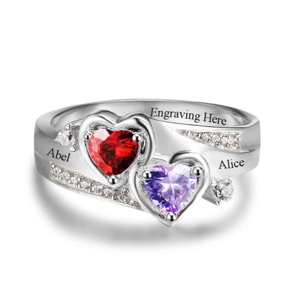 Birthstone & Engraved Sterling Silver Hearts Ring