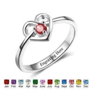 Heart with Single Birthstone & Engraved Sterling Silver Ring
