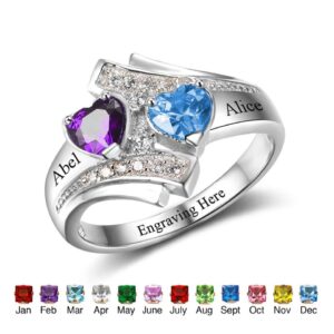 Birthstone & Engraved Sterling Silver Two Names Ring