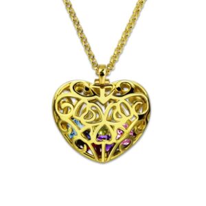 Heart Cage Family Tree Birthstone Necklace Gold Plated