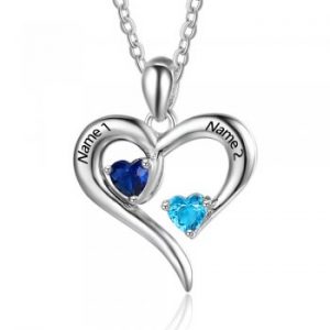 Sterling Silver Personalised 2 Hearts Birthstones & 2 Name Heart Pendant Necklace