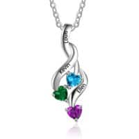 Personalised Sterling Silver 3 Birthstone 3 Name Tear Drop Pendant Necklace