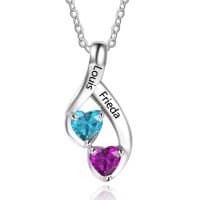 Personalised Sterling Silver 2 Heart Birthstone & Name Drop Pendant Necklace