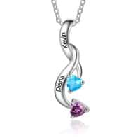 Personalised Sterling Silver 2 Birthstone 2 Name Tear Drop Pendant Necklace