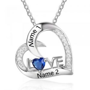 Sterling Silver Personalised 2 Name 1 Birthstone "Love" Heart Necklace
