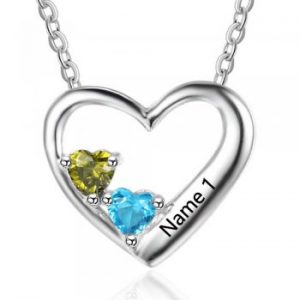 Sterling Silver Personalised 1 Name 2 Birthstone "Love" Heart Necklace