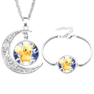 Pokemon Go Pikachu Glass Moon Pendant Necklace and Bracelet Set