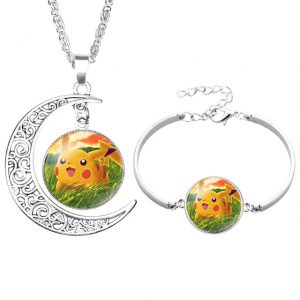 Pokemon Go Pikachu Glass Moon Pendant Necklace and Bracelet Set