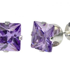 AMETHYST SQUARE CZ STUD EARRINGS STAINLESS STEEL PRONG