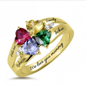 Custom Engraved 4 Heart Birthstones Name Ring 14kt Gold Plated