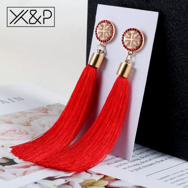 Bohemian Crystal Tassel Earrings - Red