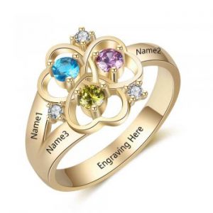 THREE HEARTS RING WITH BIRTHSTONES - 18kt Gold Plated Engraved