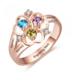 THREE HEARTS RING WITH BIRTHSTONES - 18kt Rose Gold Plated Engraved