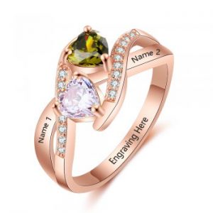 Birthstone Mother's Ring with Engraved Names 14k Rose Gold IP