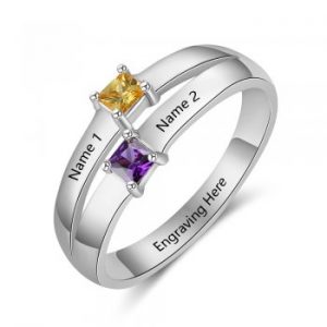 Personalised 2 Birthstone Ring With 2 Engraved Names