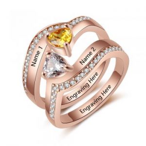 Personalised 2 Birthstone Set of 2 Rings Rose Gold Plated With 2 Engraved Names