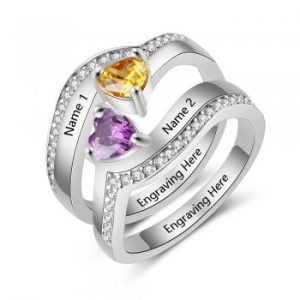 Personalised 2 Birthstone Set of 2 Rings With 2 Engraved Names