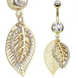 Leaf Layered Multi Paved Gemmed Dangle Gold Plated WildKlass Navel Ring