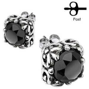 Pair of 316L Surgical Stainless Tribal Square Prong with Round Black CZ Stud Earring