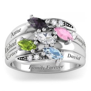 Personalised Sterling Silver 5 Name & Birthstone Ring