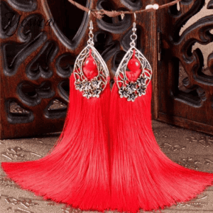 Vintage Bohemia Silk Long Tassel Earrings - Red