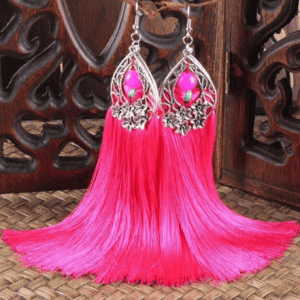 Vintage Bohemia Silk Long Tassel Earrings - Pink