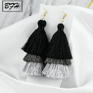 Layered Tassel Earrings - 3 layered Black