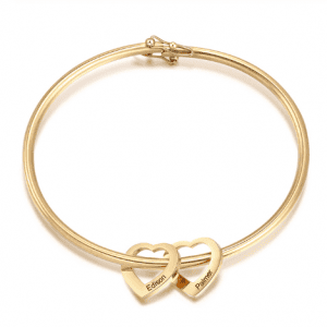 Personalised Heart Charm Bangle in Gold (2 Hearts)