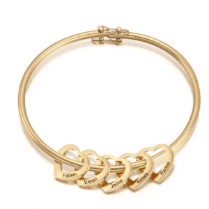 Personalised Heart Charm Bangle in Gold (5 Hearts)